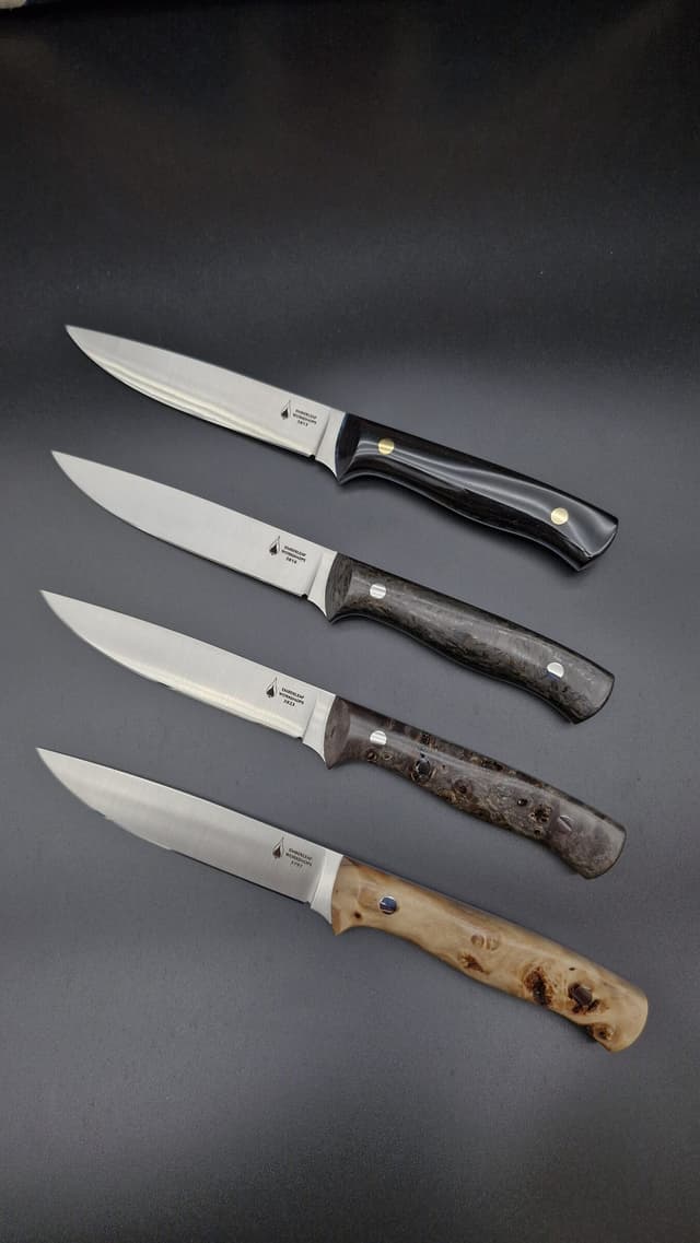 Four satin-finished knives laid in parallel on a dark ground