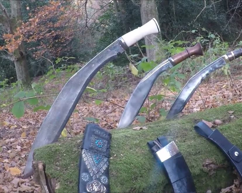 Three restored kukris stood against a mossy log